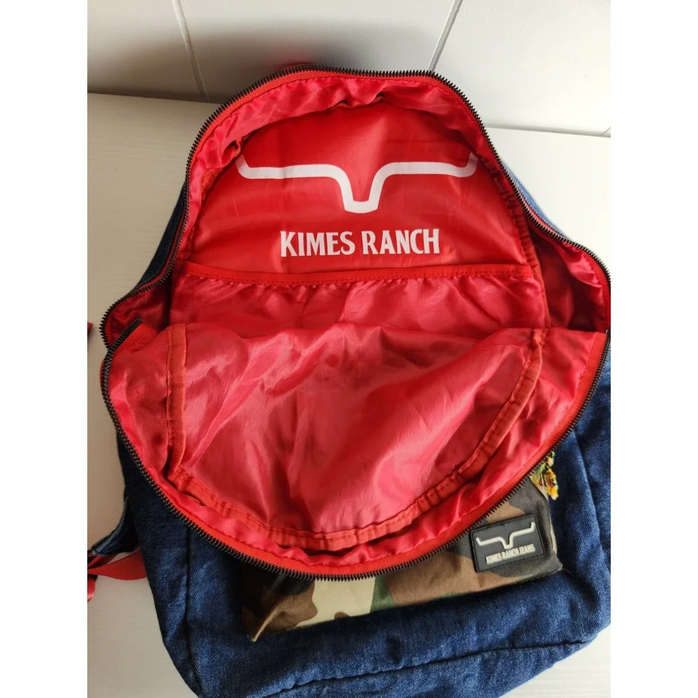Kimes Ranch Jeans Denim Camo Backpack Blue Red Western School Bag Laptop Sleeve